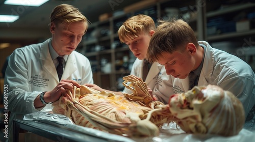 Medical students dissecting cadaver. Three medical students in lab coats and gloves dissect a cadaver in a medical lab, focusing on muscle structures.