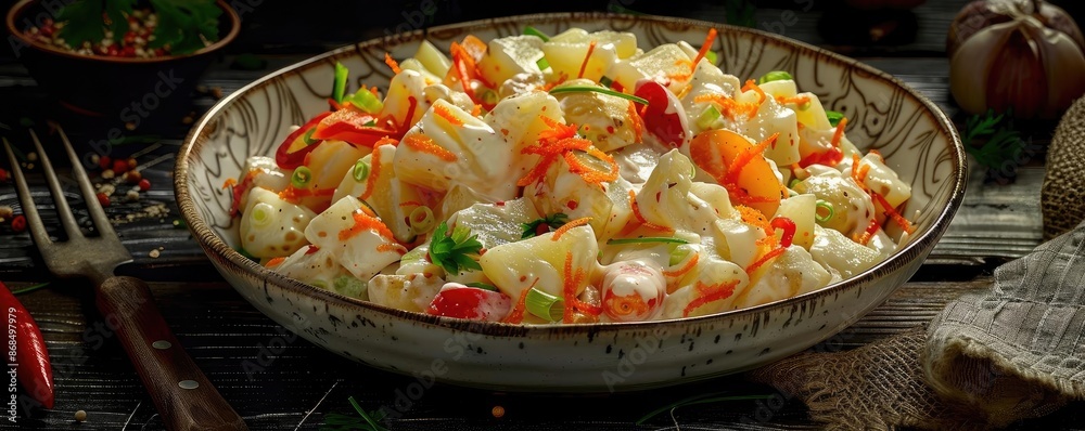 A bowl of delicious vegetable salad with fresh ingredients including peppers, carrots, and herbs, served on a rustic table. A bowl of delicious vegetable salad with fresh ingredients including peppers, carrots, and herbs, served on a rustic table.