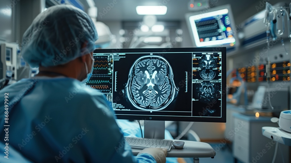 Surgeon analyzing brain scan in operating room. Surgeon in an operating room analyzes a brain scan on a monitor, focusing on neurological structures for surgical planning. Surgeon analyzing brain scan in operating room. Surgeon in an operating room analyzes a brain scan on a monitor, focusing on neurological structures for surgical planning.