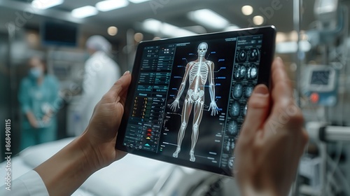 Doctor Using Tablet for Digital Skeleton Imaging. Doctor in a hospital uses a tablet to review detailed digital imaging of a skeleton, highlighting advanced medical technology.