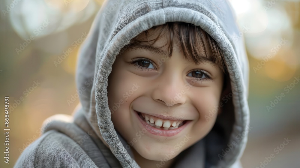 youthful joy closeup portrait of smiling boy in cozy grey hoodie his eyes twinkling with happiness and innocence against a soft blurred background youthful joy closeup portrait of smiling boy in cozy grey hoodie his eyes twinkling with happiness and innocence against a soft blurred background