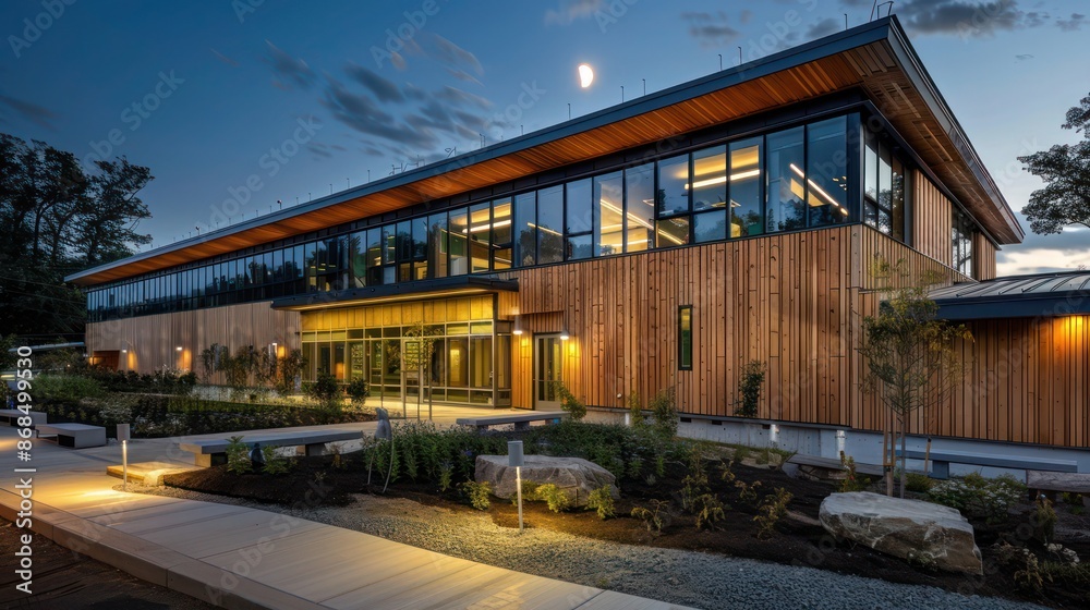 eco-conscious building with a wood-panelled exterior and sustainable features eco-conscious building with a wood-panelled exterior and sustainable features