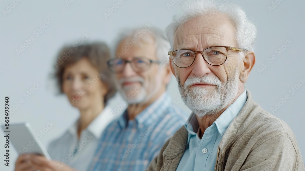 A super sharp image of a group of older adults hiking with trekking poles and wearing high-tech outdoor gear A super sharp image of a group of older adults hiking with trekking poles and wearing high-tech outdoor gear