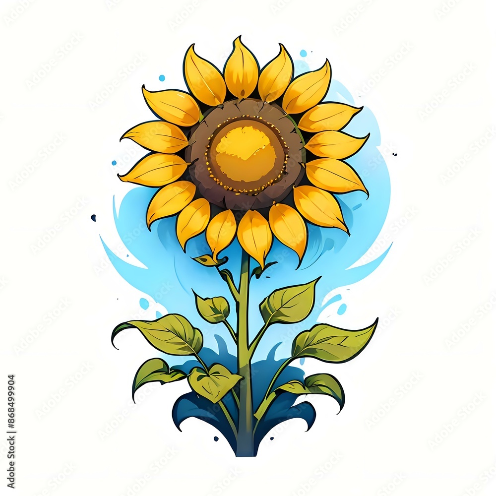Fototapeta premium A vibrant illustration of a sunflower with detailed petals and leaves, set against a bright blue background. Ideal for botanical themes, nature-inspired projects, and creative design.