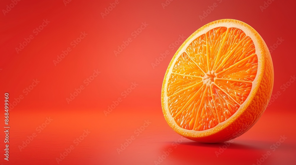 Fototapeta premium A single slice of orange on a red background.