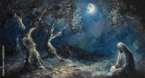 poignant depiction of jesus praying in gethsemane surrounded by ancient olive trees moonlit scene emotional intensity and rich brushstrokes convey spiritual anguish photo