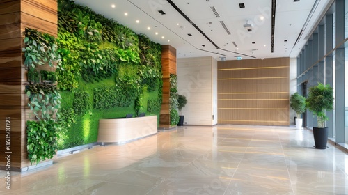 eco-conscious office building with a lobby that features a living green wall interspersed with maple wood accents