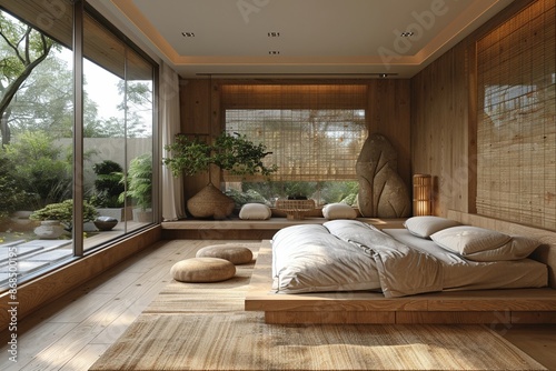 Zeninspired bedroom bright natural light minimalist decor natural materials and a calming color palette promoting relaxation and tranquility