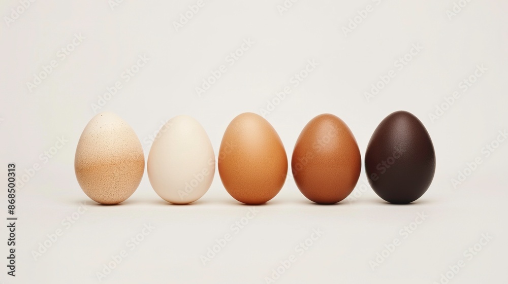 Many eggs in different colors and shades arranged in a row on a white background. Generated AI. Many eggs in different colors and shades arranged in a row on a white background. Generated AI.