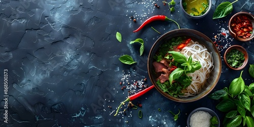 Vietnamese Pho Bo soup with beef rice noodles on a dark background. Concept Vietnamese Cuisine, Pho Bo Soup, Beef Rice Noodles, Dark Background, Food Photography