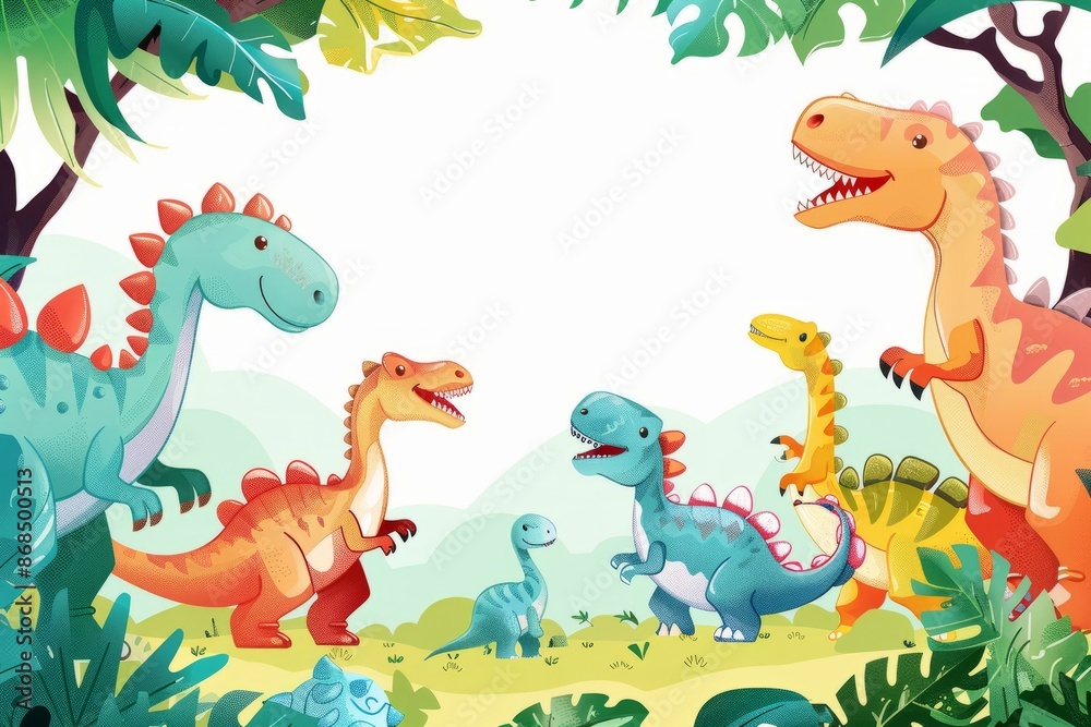 Cute cartoon dinosaur themed party with blank space at center, dinosaur toy for childhood children with space Cute cartoon dinosaur themed party with blank space at center, dinosaur toy for childhood children with space