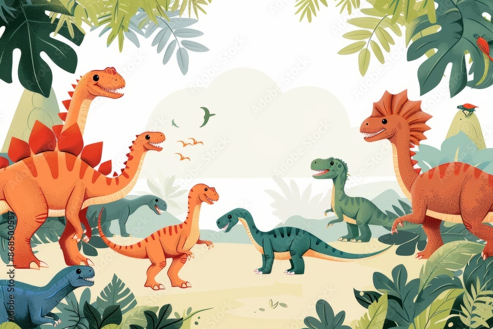 Cute cartoon dinosaur themed party with blank space at center, dinosaur toy for childhood children with space Cute cartoon dinosaur themed party with blank space at center, dinosaur toy for childhood children with space