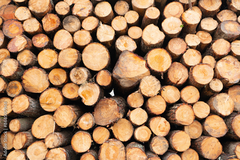Pile of timber logs. Wooden logs. Certified sustainable timber from forests managed for reforestation. Wood company ensures transparency, traceability. Sustainable forestry practices. Wood supply. Pile of timber logs. Wooden logs. Certified sustainable timber from forests managed for reforestation. Wood company ensures transparency, traceability. Sustainable forestry practices. Wood supply.