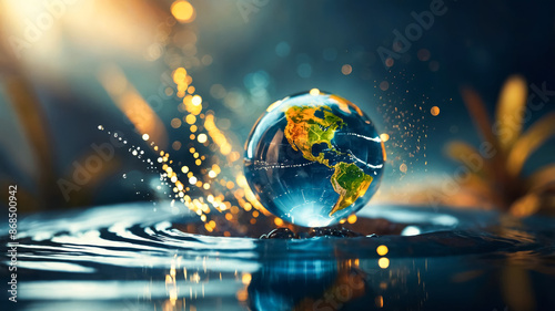 transparent earth globe model on water surface. Water World photo