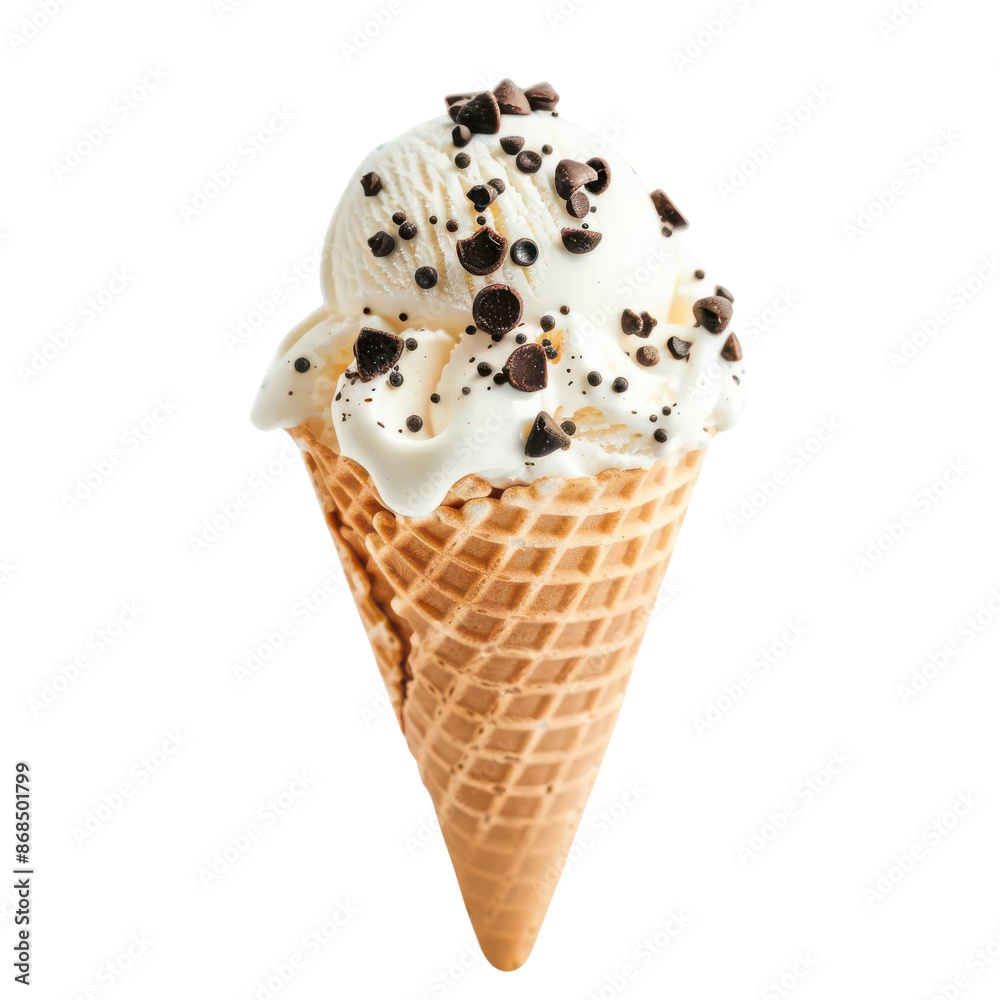 Delicious vanilla ice cream cone topped with chocolate chips against a white background, ideal for dessert-themed projects. Delicious vanilla ice cream cone topped with chocolate chips against a white background, ideal for dessert-themed projects.