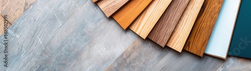 Assorted wood and laminate flooring samples arranged on a gray surface, showcasing various textures and colors for interior design choices. photo