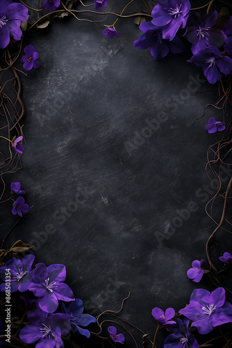 A textured dark background adorned with delicate branches and purple flowers and vines border frame