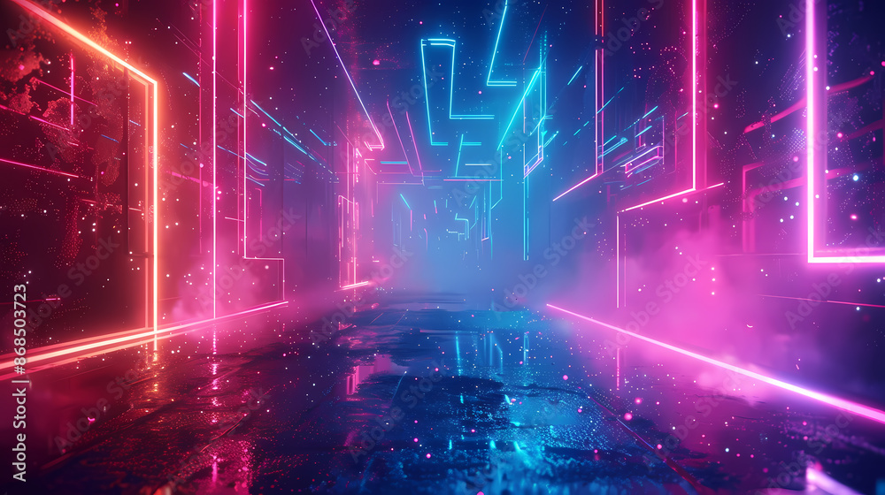 Futuristic neon-lit corridor with vibrant pink and blue lights, enveloped in mist and reflections. Futuristic neon-lit corridor with vibrant pink and blue lights, enveloped in mist and reflections.