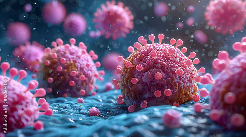 Obraz premium Microscopic macro closeup view of floating influenza virus cells concept illustration