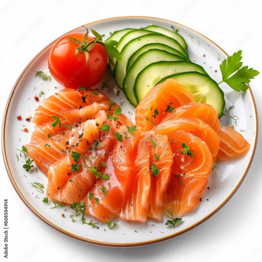 Sashimi, Raw Red Fish, Trout Slices, Salted Salmon Fillet with Cucumber and Greens on Elegant Flat Plate