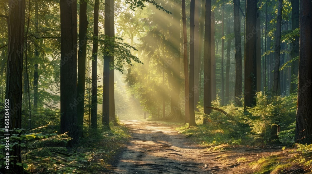 Obraz premium A beautiful forest path with tall trees and dappled sunlight