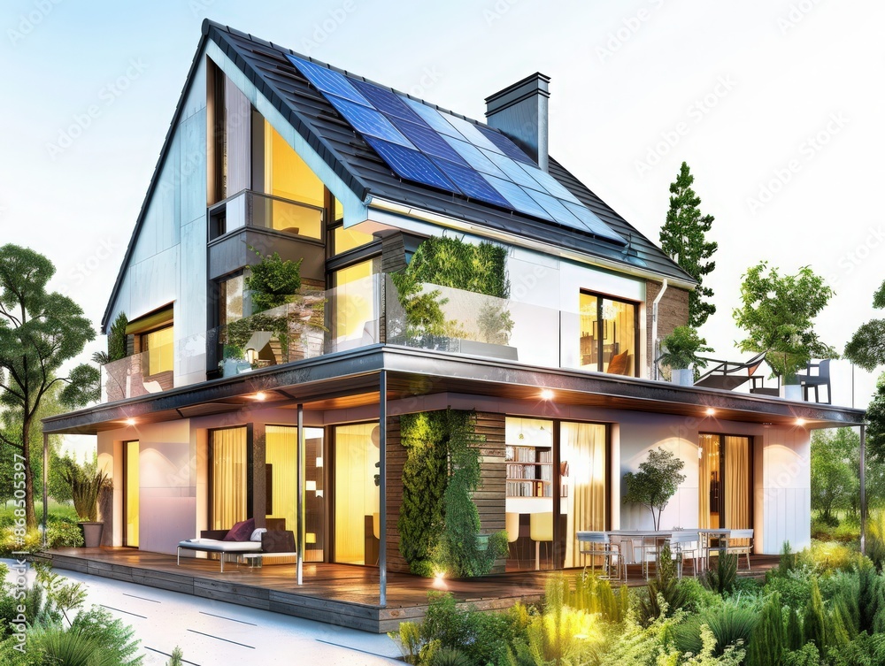 Modern eco-friendly home with solar panels, large windows, and lush greenery, bathed in natural light at sunset. Modern eco-friendly home with solar panels, large windows, and lush greenery, bathed in natural light at sunset.