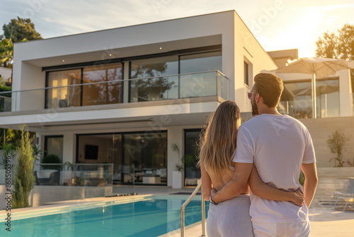A couple in love hugging in front of their new modern luxury villa house, back view of couple, buying a new villa or modern house, real estate concept.