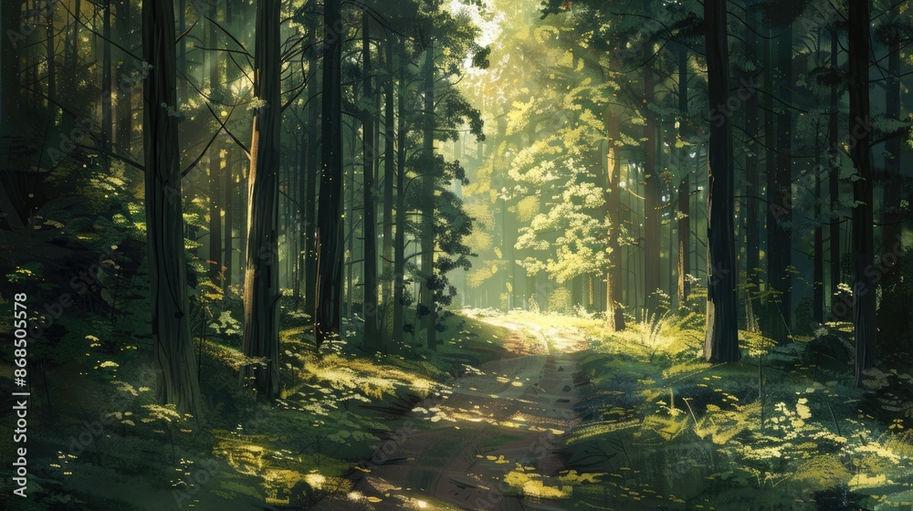 Obraz premium A beautiful forest path with tall trees and dappled sunlight