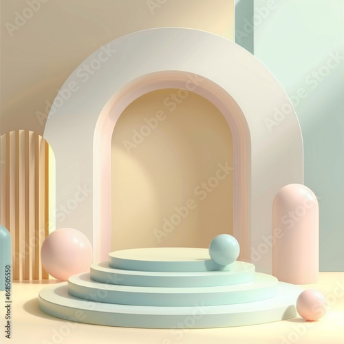 3D abstract minimalist geometric forms featuring pastel gradients and a luxurious podium for design presentations. This scene includes various colored balls and serves as a fashion show stage.