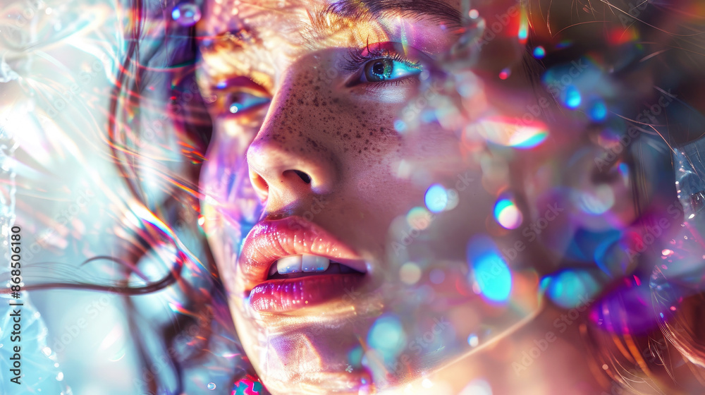 Artistic portrait of a young attractive woman surrounded by colorful abstract shapes and glowing lights. Artistic portrait of a young attractive woman surrounded by colorful abstract shapes and glowing lights.