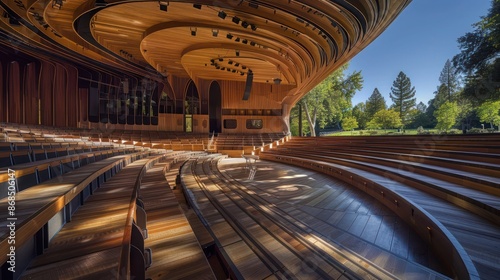 outdoor amphitheater with acoustically engineered wood panels, designed to enhance sound for live performances