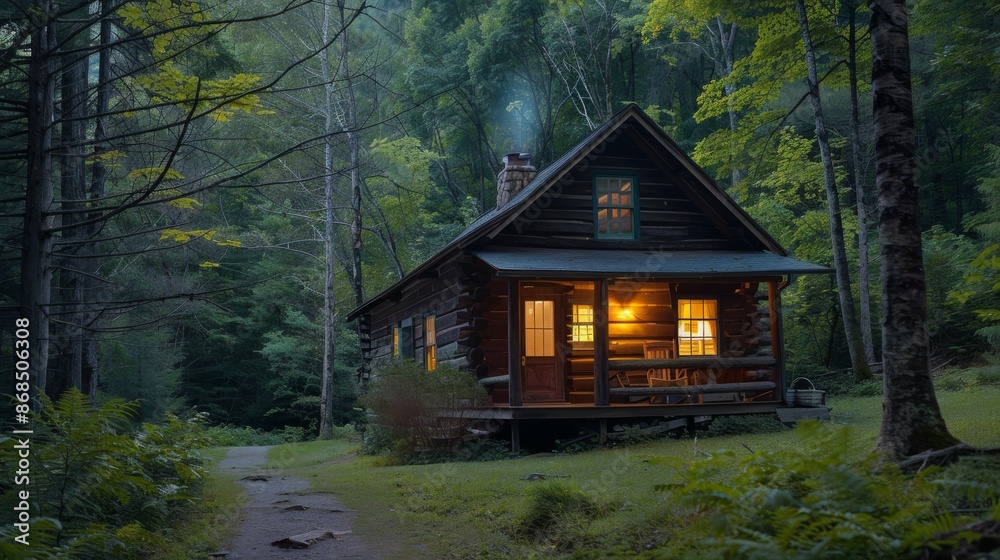 Cozy Cabin in the Woods with Warm Evening Light. Cozy Cabin in the Woods with Warm Evening Light.