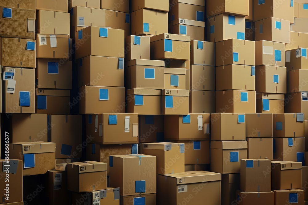 a stack of cardboard boxes featuring blue labels, photographed in mesmerizing 8K resolution. The image captures every intricate detail of the boxes, emphasizing their a stack of cardboard boxes featuring blue labels, photographed in mesmerizing 8K resolution. The image captures every intricate detail of the boxes, emphasizing their