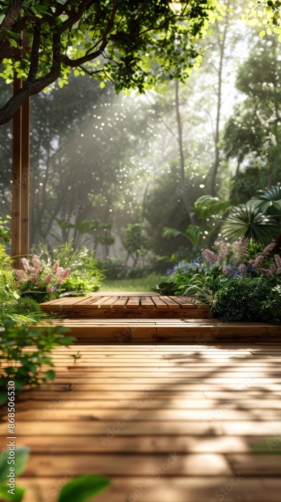 A wooden path leads into a lush, green forest, sunlight filtering through the trees. A wooden path leads into a lush, green forest, sunlight filtering through the trees.