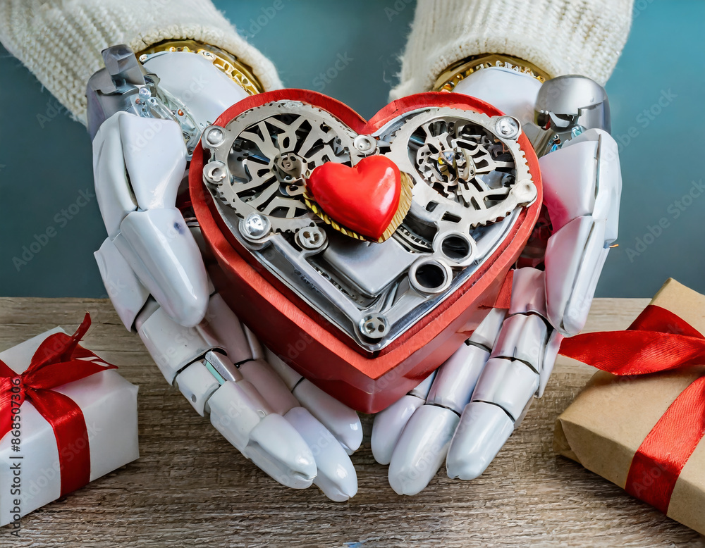 Fototapeta premium Hands of an android make a gift of a mechanical heart.