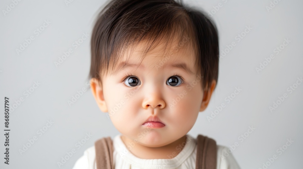 A baby with brown hair and brown eyes is looking at the camera. The baby is wearing a white shirt and a brown vest A baby with brown hair and brown eyes is looking at the camera. The baby is wearing a white shirt and a brown vest