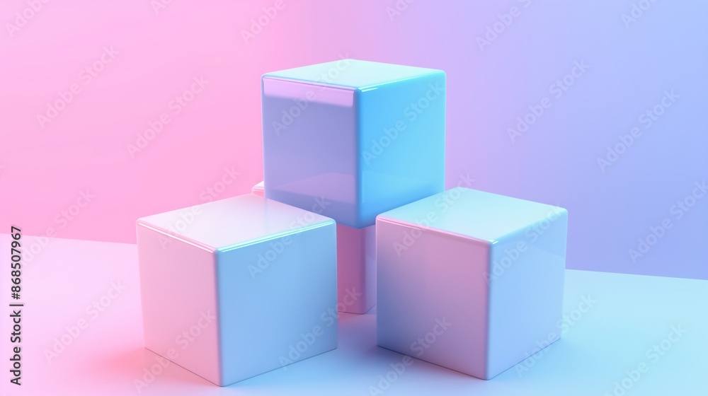Three white cubes are stacked on top of each other. The cubes are pink and white, and they are arranged in a way that creates a sense of balance and stability Three white cubes are stacked on top of each other. The cubes are pink and white, and they are arranged in a way that creates a sense of balance and stability