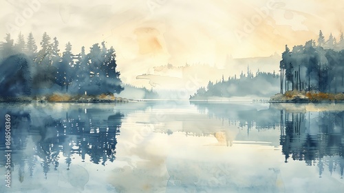 Elegant watercolor illustration of a peaceful lake with ample copy space