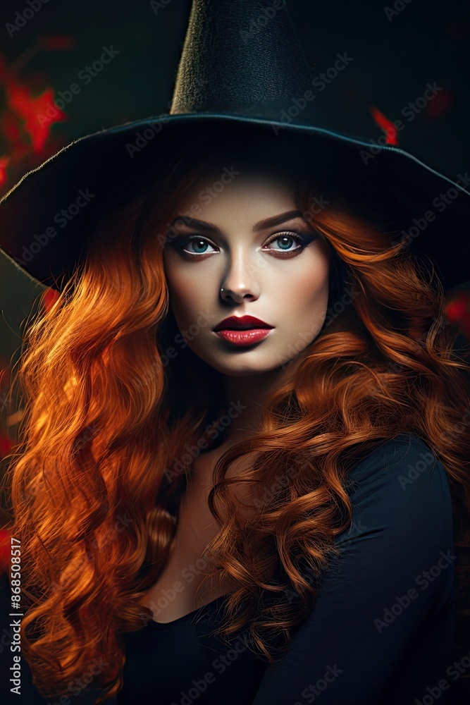 Fototapeta premium Beautiful young woman in witches hat Halloween art portrait 01