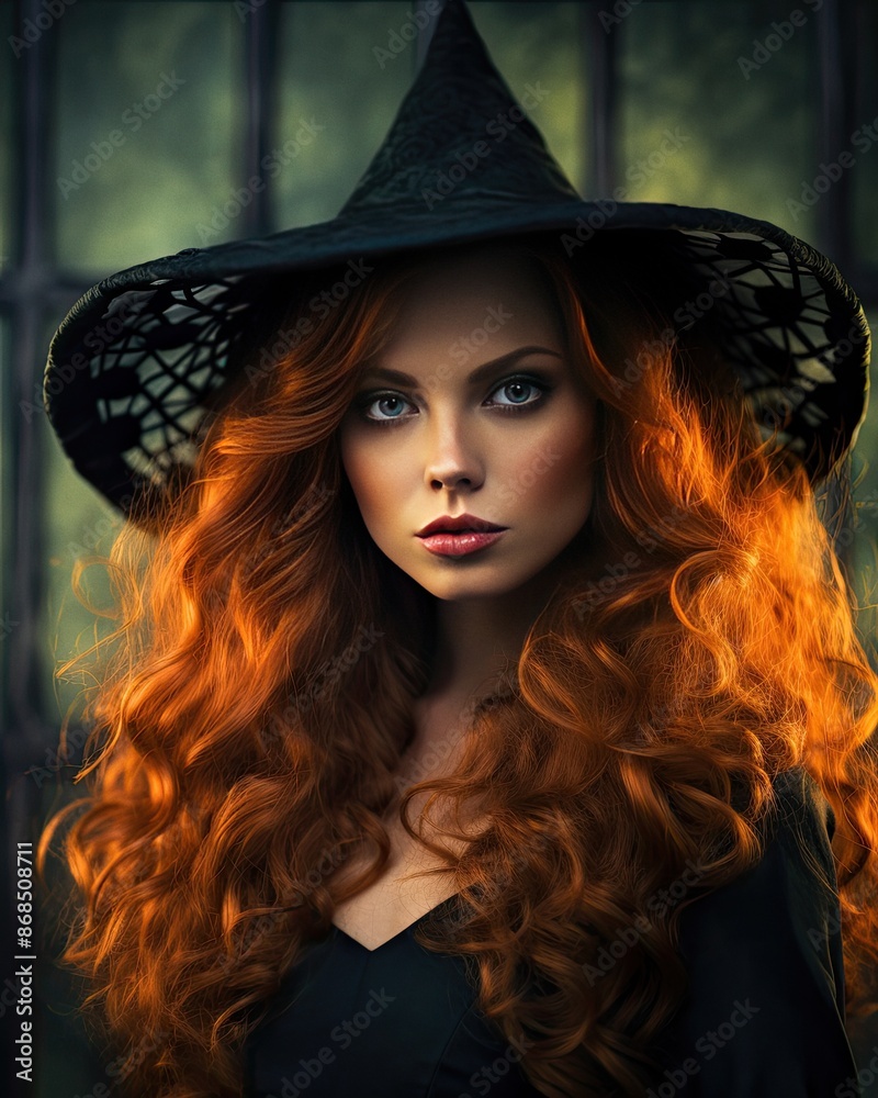 Fototapeta premium Beautiful young woman in witches hat Halloween art portrait 01