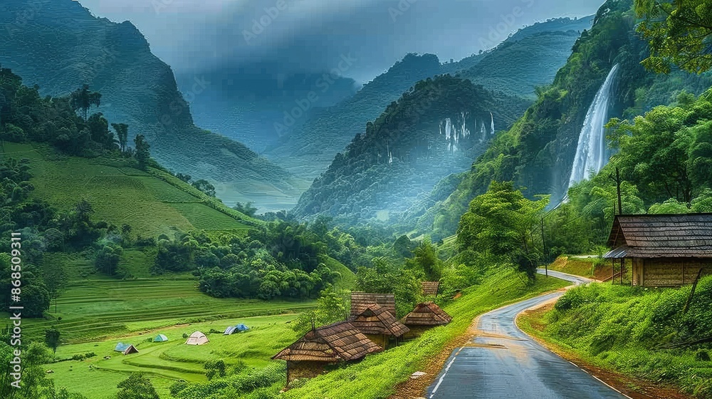 A tranquil mountainous scene with lush green valleys, a cascading waterfall, and a picturesque road flanked by rustic huts and scenic campsites. A tranquil mountainous scene with lush green valleys, a cascading waterfall, and a picturesque road flanked by rustic huts and scenic campsites.