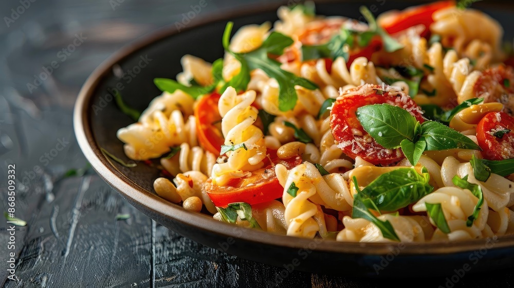Delicious pasta salad with cherry tomatoes, fresh herbs, and pine nuts served in a black plate on a rustic wooden table. Delicious pasta salad with cherry tomatoes, fresh herbs, and pine nuts served in a black plate on a rustic wooden table.