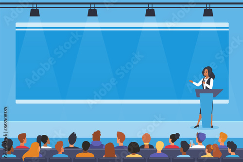 A speaker delivering a presentation at a conference, standing at a podium with an audience seated in front, highlighting professional communication and public speaking vector illustration.