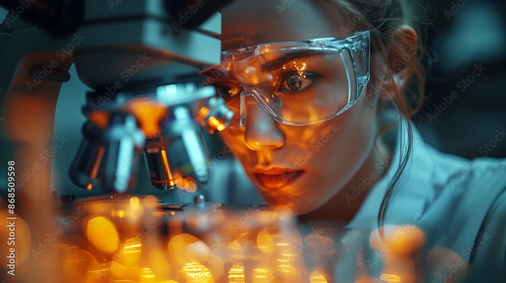 Close-up of a scientist conducting research or analysis using a microscope in a laboratory setting.