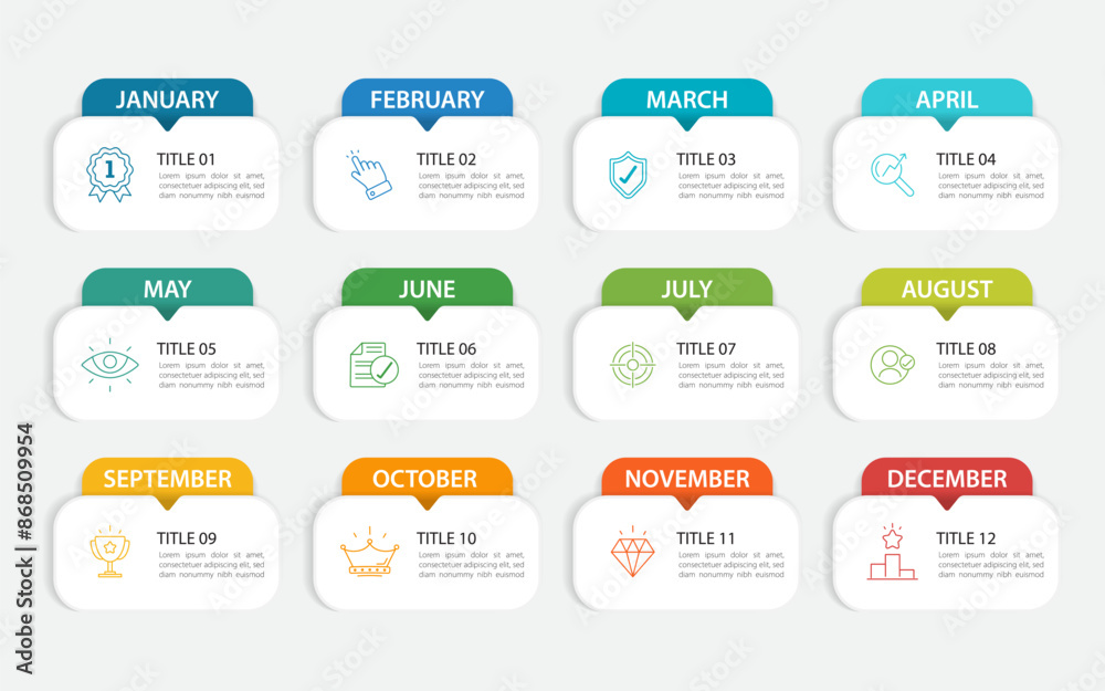 Timeline calendar infographic template. 12 Step timeline journey, Simple flat year plan infographics. Business concept with 12 options, diagram vector illustration.