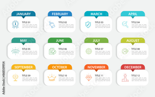 Timeline calendar infographic template. 12 Step timeline journey, Simple flat year plan infographics. Business concept with 12 options, diagram vector illustration.