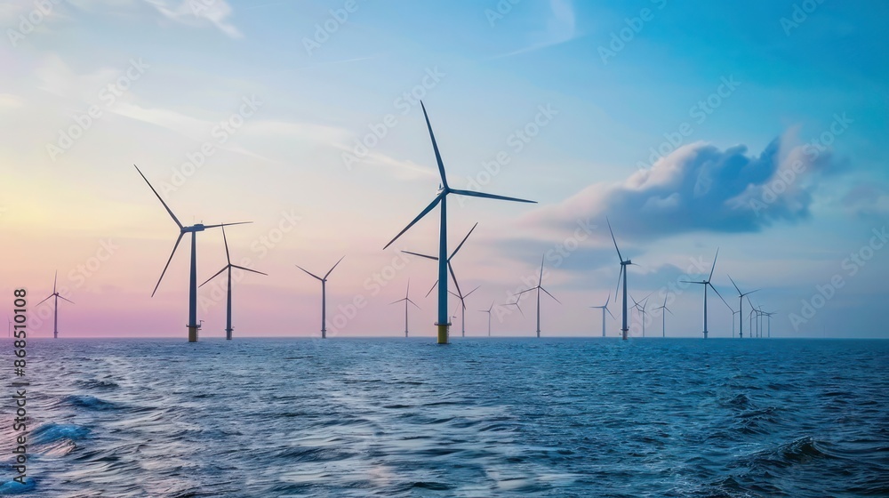Offshore wind power farm with many wind turbines in the open sea. 