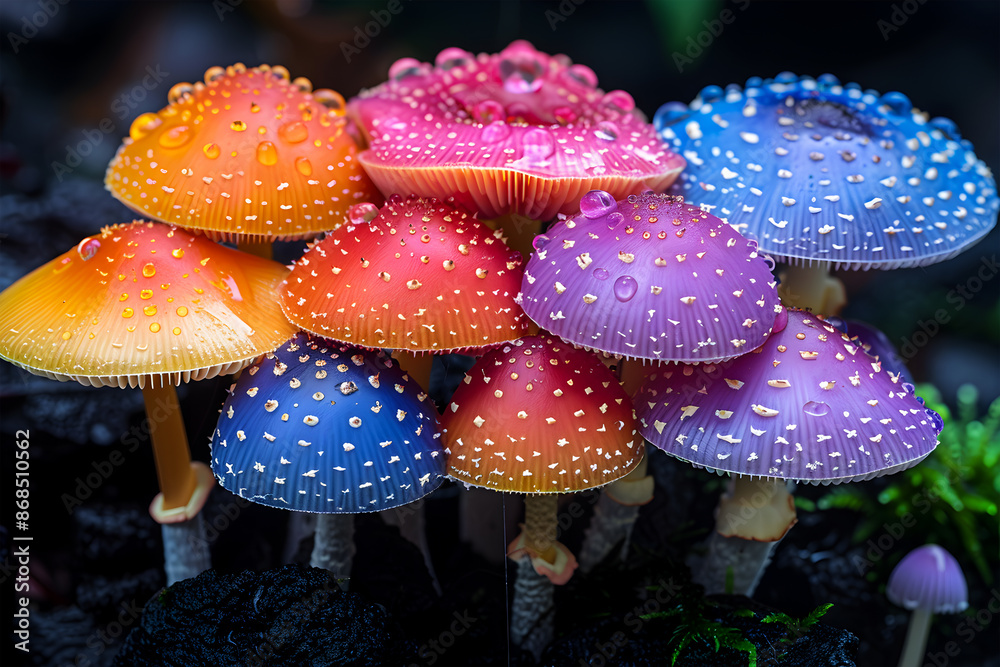 Obraz premium View of Beautiful different colored mushrooms in a garden