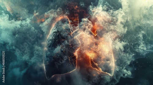 A lung engulfed in a cloud of smoke and particles, photo