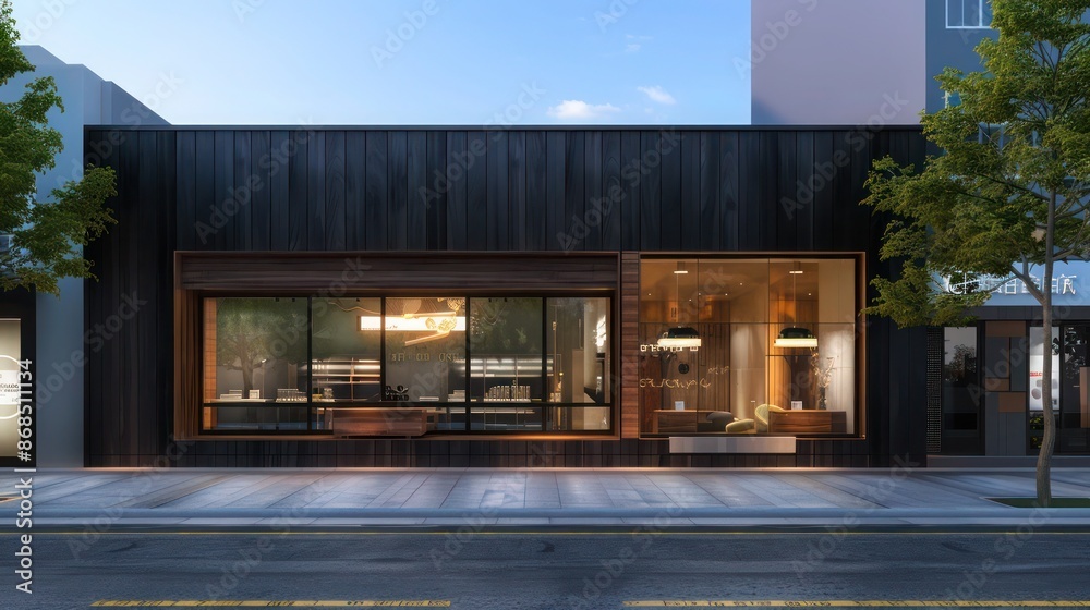 urban boutique with a facade of polished blackwood panels, providing a sleek and modern look that catches the eye of passersby urban boutique with a facade of polished blackwood panels, providing a sleek and modern look that catches the eye of passersby